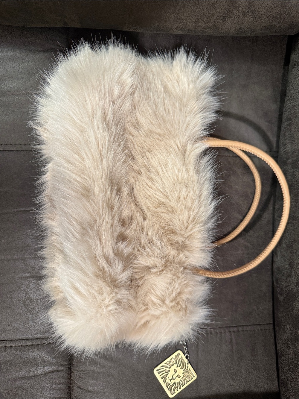 Faux Fur Mini Bag in Light Beige with Tan Handles